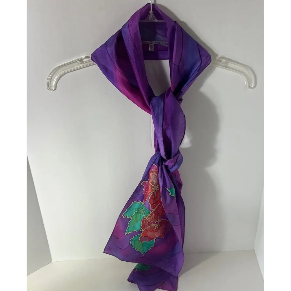 Handpainted Silk Floral Scarf Signed JT Purple Orange Green 8 x 72